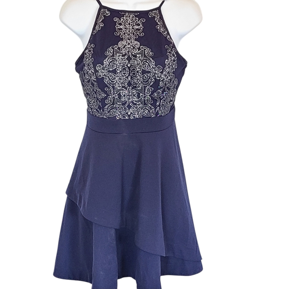Xtraordinary Juniors party dress Navy Blue Silver Layered Formal Halter